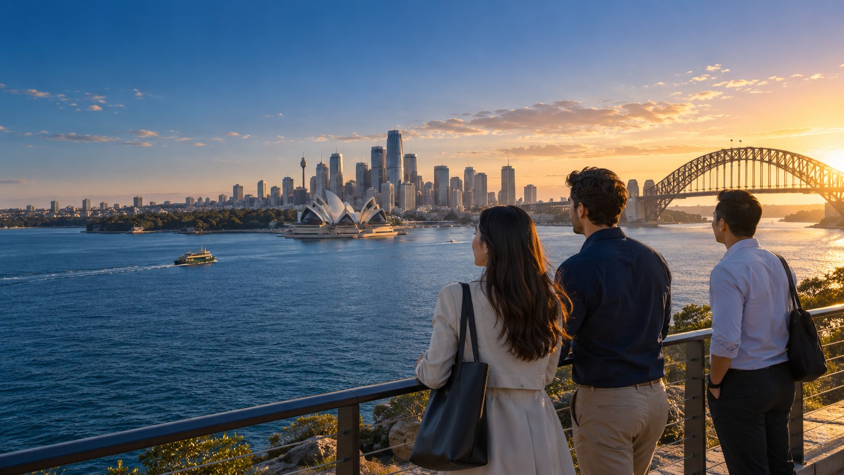 Professionals looking across Sydney Harbour at sunrise